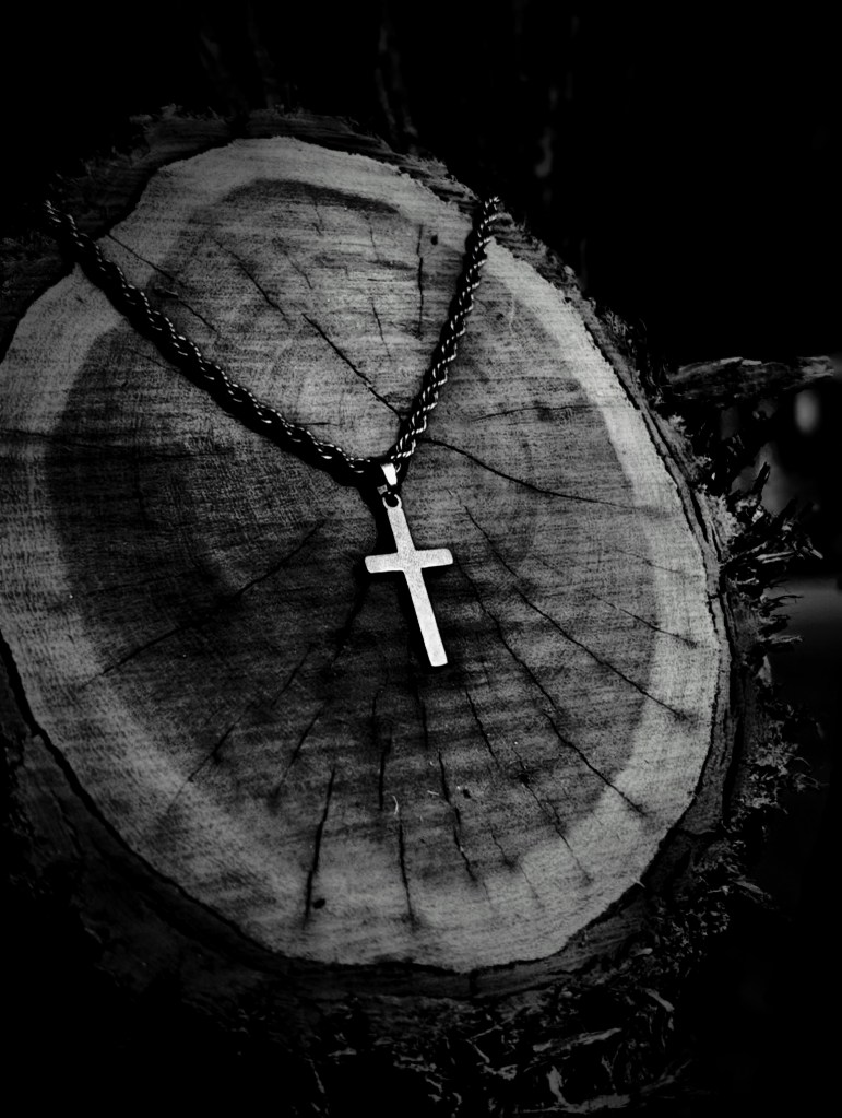 A cross necklace is displayed on a tree stump